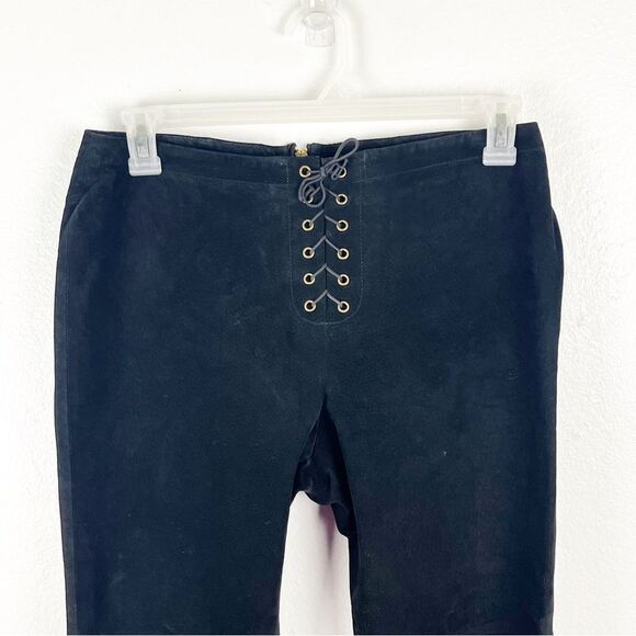 HUGO BUSCATI Collection Classic Black 100% Leather Front Lace Bootcut Pants 12P - Picture 5 of 8